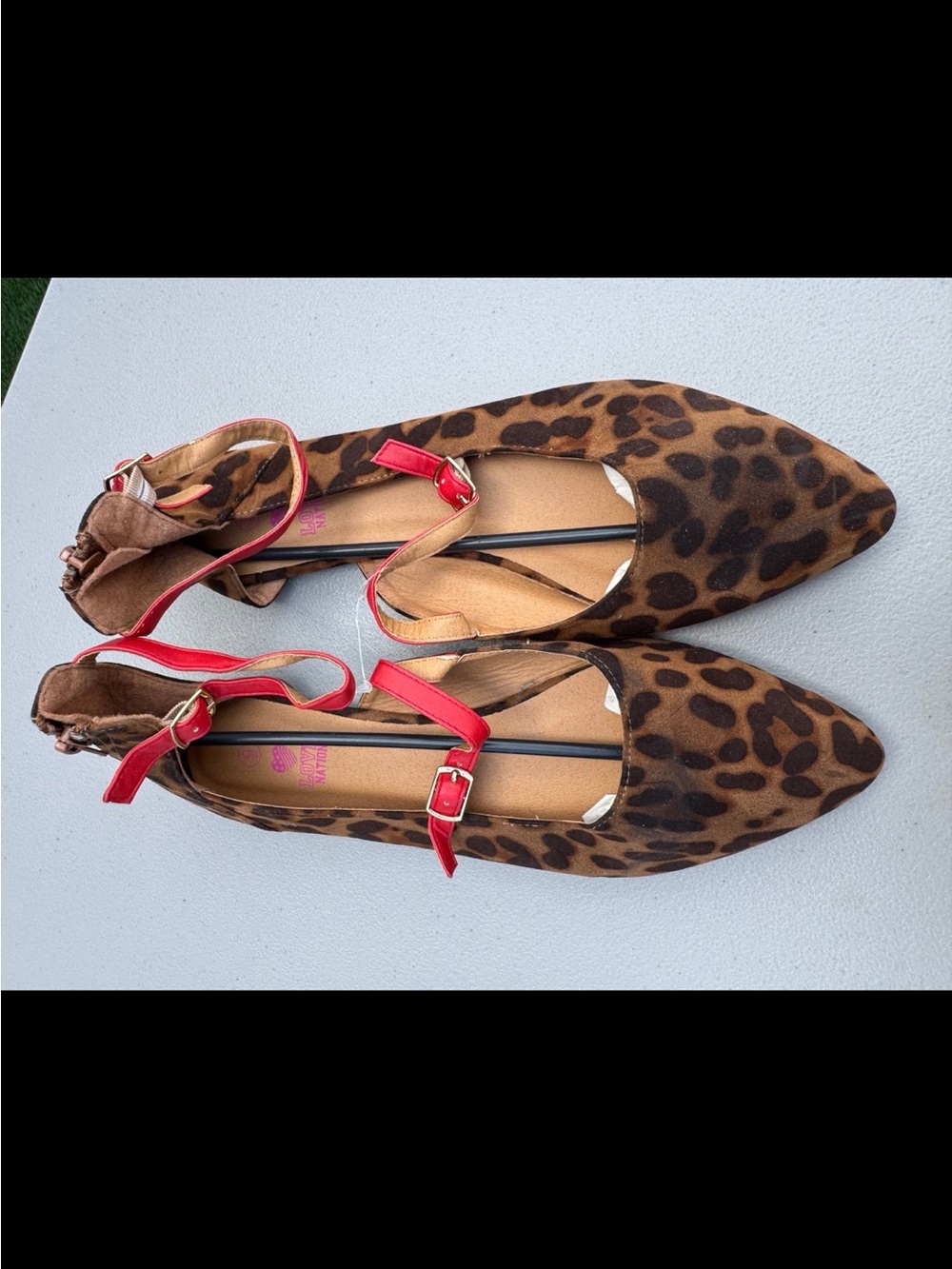 Leopard Print Pointed Toe Flats with Red Ankle Straps size 9